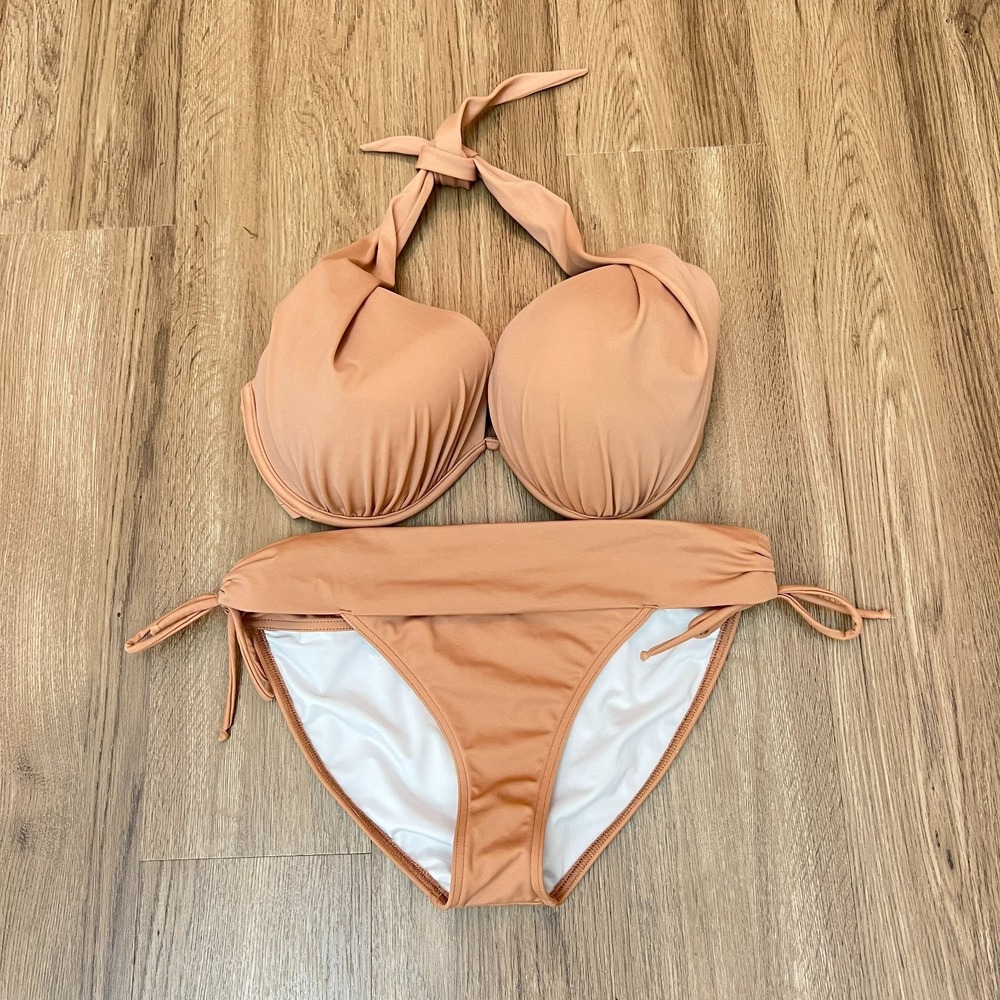 Venus Bikini Set Halter Tie Top Side Bottom Tan Size 10 Top 32G, 34DDD, 36DD